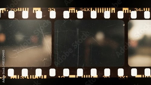 Distressed photographic film strip with blurry image and old effects, captures memory and