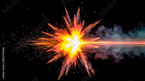 Dynamic explosion of light, color and vapor against a stark black backdrop creates a stunning