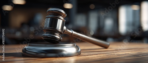 Close up of a silver gavel on a wooden surface in a courtroom setting