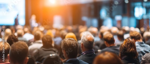 Audience at a conference or seminar with blurred background lighting