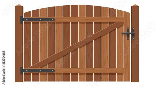 A classic wooden arched gate with a diagonal brace and metal hardware