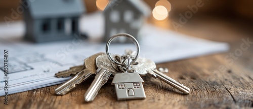 House keys with house shaped charm on a wooden surface real estate concept