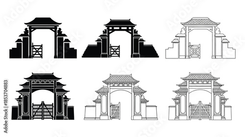 Black and white illustrations depicting traditional indonesian gate designs in various styles
