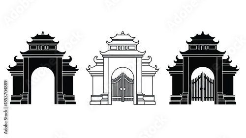 Three ornate black and white gateways or arches in a linear arrangement