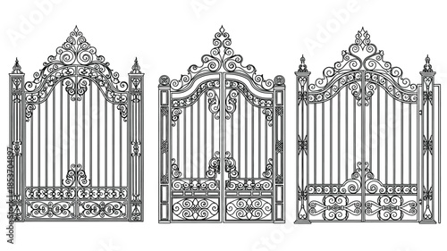 Intricate wrought iron gates with ornate floral and geometric designs