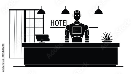 A robotic hotel receptionist stands behind a modern black and white front desk