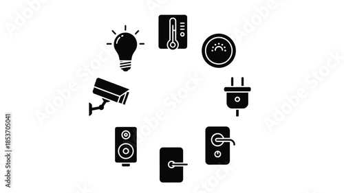 A collection of smart home devices including lights cameras and thermostats