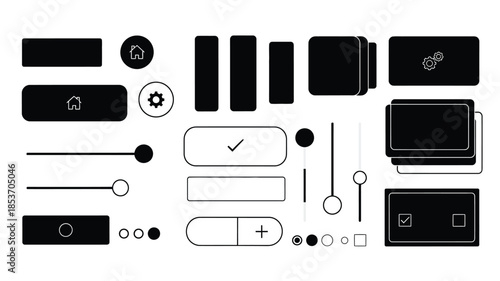 Collection of minimalist user interface elements and icons in black and white