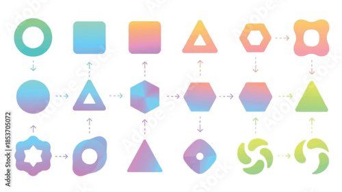 Colorful geometric shapes transforming into different forms with gradient color schemes