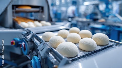 Bakery production line with uncooked bread rolls on a conveyor belt