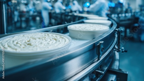 Dairy product production line with containers of white cream product indoors