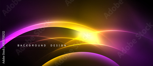 Abstract design features vibrant purple, yellow curves. Light radiates from central point, creating dynamic visual effect. Background is black.