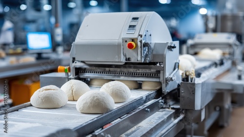 Bakery production line with dough balls and automated machinery process