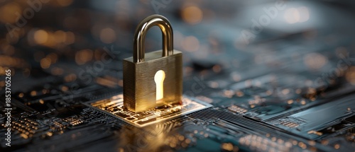 Golden padlock on circuit board with glowing keyhole representing data security