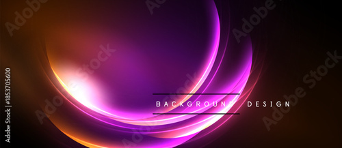 Abstract vibrant curves, glowing lines, purple hues dominate design. Orange accents create dynamic visual effect. Background is black.