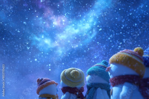 Four whimsical snowmen wearing colorful knitted hats and scarves gaze up at a vibrant starry night sky