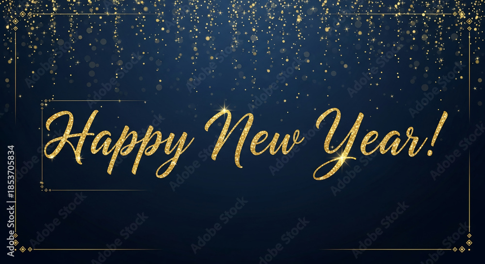 Fototapeta premium Festive dark blue background with golden glitter and frame. Text with golden texture is celebration themed, representative of holiday season.