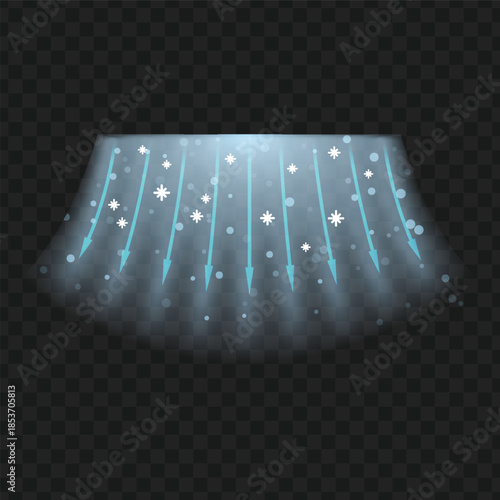 Cold air flow with snow, vector blue arrows showing wind direction of air movement, frozen blur stream with snowflakes