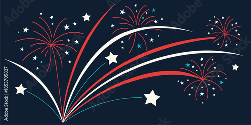 Fourth of July celebration fireworks vector in white red blue colors, isolated on white background for holiday and party designs.