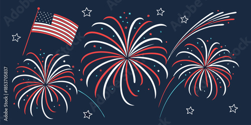 “Patriotic fireworks burst in white, red, and blue, isolated vector illustration for Independence Day and festive celebrations.
