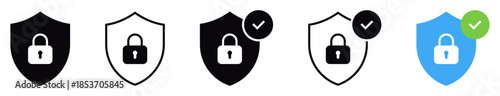 security shield icons with padlock and checkmark icon, for cybersecurity, data protection, secure access and online privacy concepts