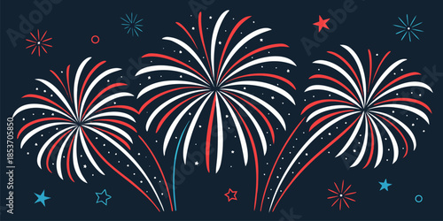 4th of July fireworks celebration vector illustration in white, red, and blue, isolated on white background for patriotic holidays and events.