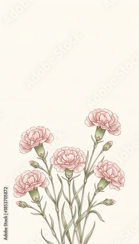 Pink carnations with green stems on soft neutral background  