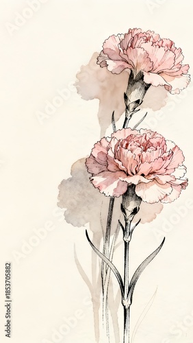 Pink carnations with delicate petals and soft watercolor background  