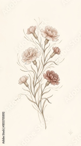 Vintage floral illustration of pink and cream carnations  