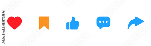 social media interaction icons, social media engagement icons, social media notification icons set including like, favorite, comment, heart, bookmark and share symbols, thumbs up icon