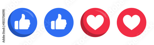 Like and love icon button. Thumbs up and heart icons in circle buttons shapes , Social media notification icons. emoji post reactions set. Vector illustration