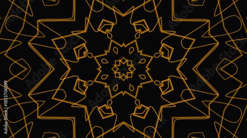 Abstract golden geometric kaleidoscope design on black background, perfect for luxury branding, backgrounds, packaging, prints, and digital projects.