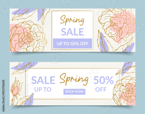 Collection of banners for spring sales with floral designs. Hand-drawn peony flowers in a golden outline. Advertising horizontal template for spring purchases, discounts, and special offers.