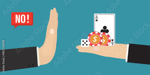 No Allowed Gamble sign. Hand showing sign forbidding casino and gambling. Ban Poker. Play cards, chips and dice on croupier hand. No gambling, stop symbol.