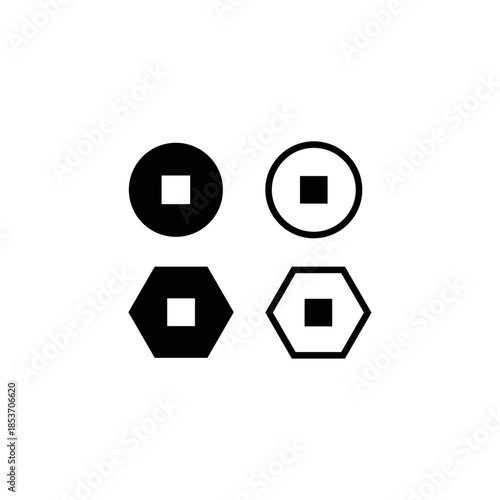 Minimalist Geometric Icon Set – Black and White Circle and Hexagon Vector Shapes