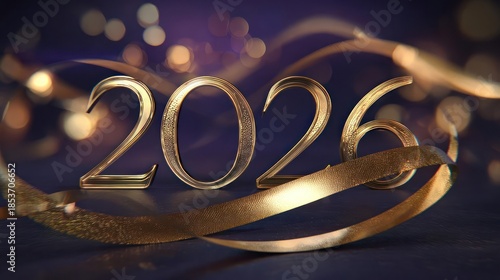 Golden 2026 numbers with flowing ribbon and bokeh lights creating a festive and celebratory new year s eve atmosphere