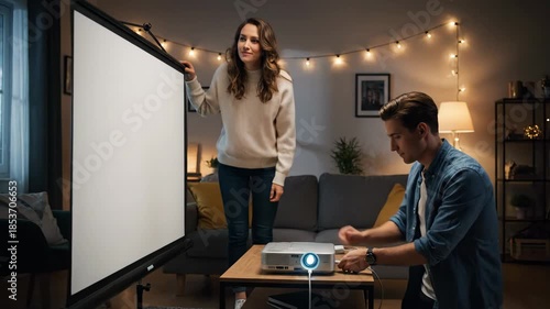 Young couple preparing home cinema setting up projector and screen for movie night