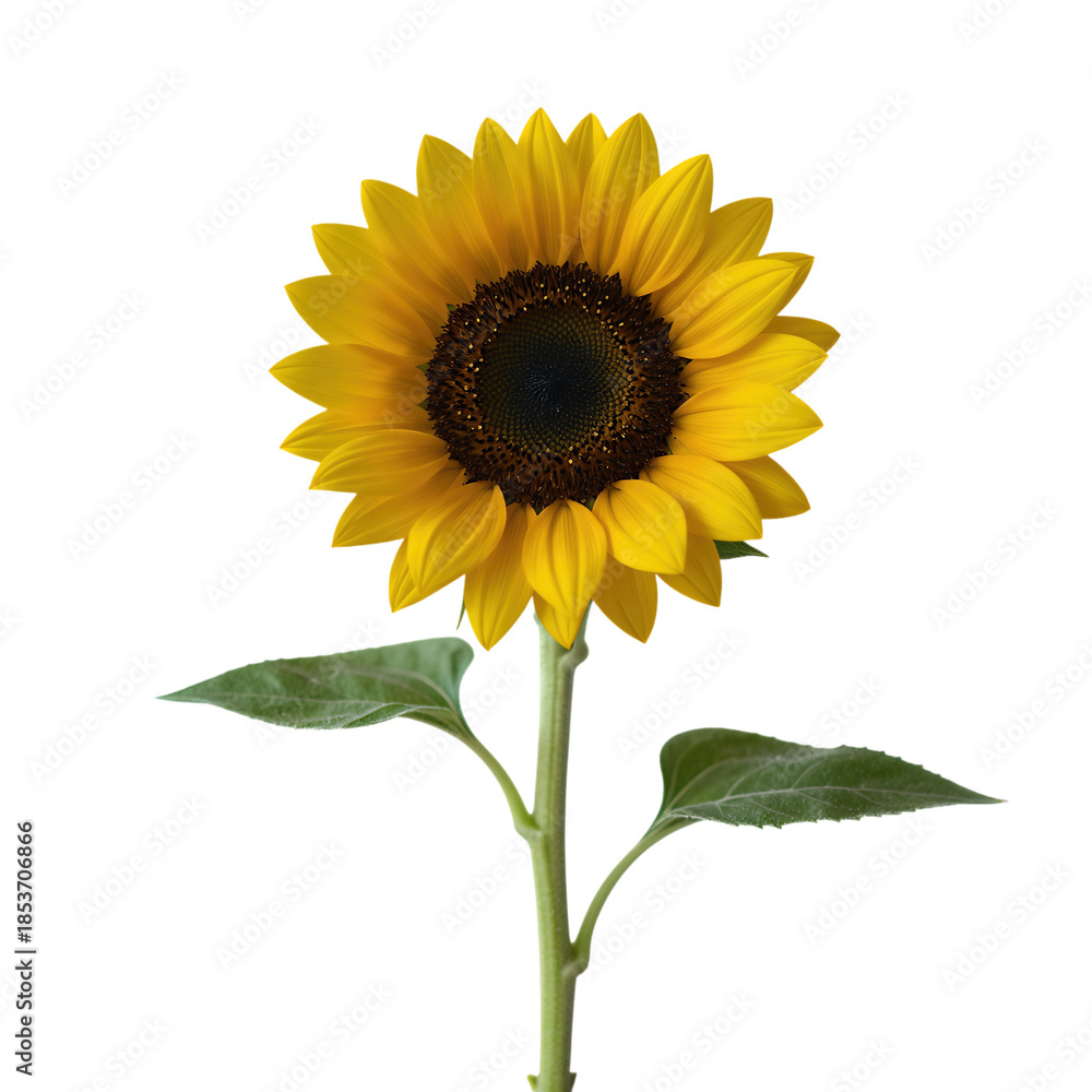 Obraz premium Bright Yellow Sunflower With Green Stem and Leaves