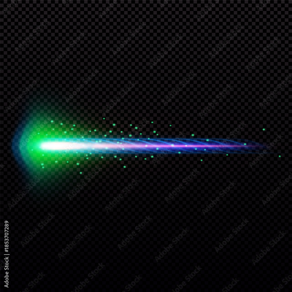 Obraz premium Gun shot streak with green smoke and sparkles, magic weapon fiery blast blue flame trail, vector bullet explosion effect