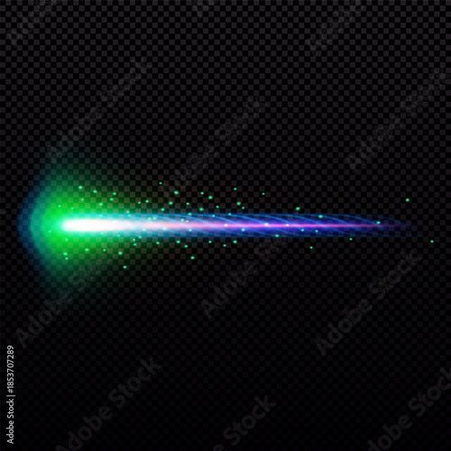 Gun shot streak with green smoke and sparkles, magic weapon fiery blast blue flame trail, vector bullet explosion effect