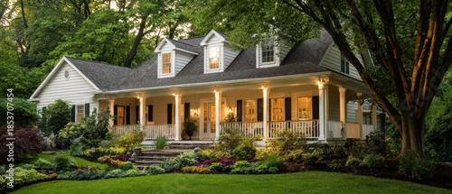 Exterior of a residential house with a garden trees and green lawn