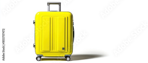 Bright yellow rolling suitcase isolated on white background for travel and tourism
