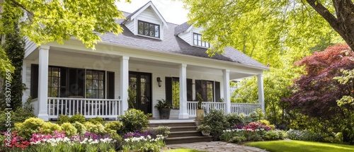 Exterior view of a white house with a porch surrounded by lush green trees