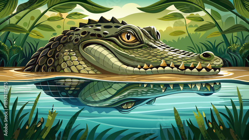 Very beautiful close view of a crocodile partially submerged in calm water, highlighting natural textures, aquatic habitat behavior, and wildlife presence within a controlled natural environment.