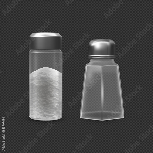 A realistic set of glass containers of various shapes, empty and full with white salt.