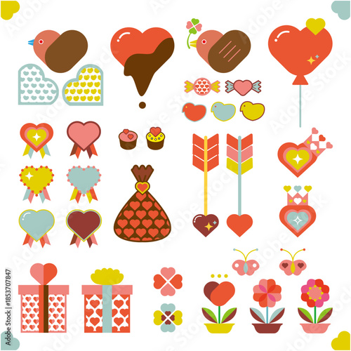 ハート、チョコレート、プレゼント、鳥、花などのシンプル、少しレトロなアイコン風イラストセット。