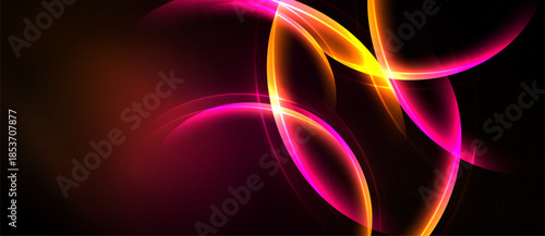 Abstract design features vibrant pink, orange glows against dark background. Smooth curves create dynamic visual impact.