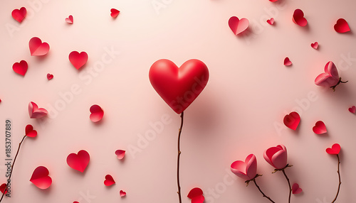 Single red heart with scattered heart shapes on a soft pink background expressing love romance valentine emotion and romantic concept.