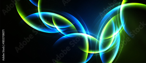 Abstract swirls, luminous lines, vibrant blues, greens dominate dark background. Dynamic composition creates energy, movement.