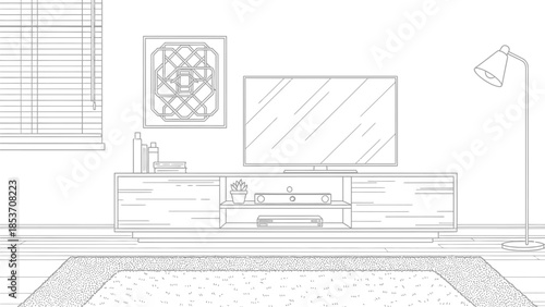 Minimalist line art drawing of a modern living room entertainment center with television and decor elements